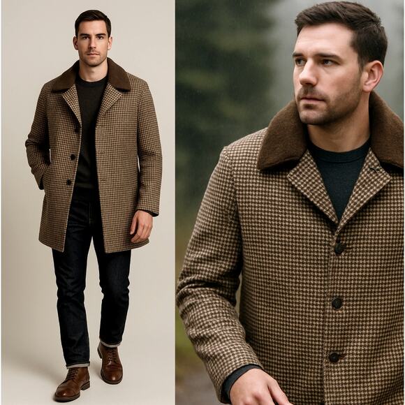 Huckberry Other - Huckberry Vintage L Wool $450 Herringbone Shearling Coat Long Jacket Brown 44